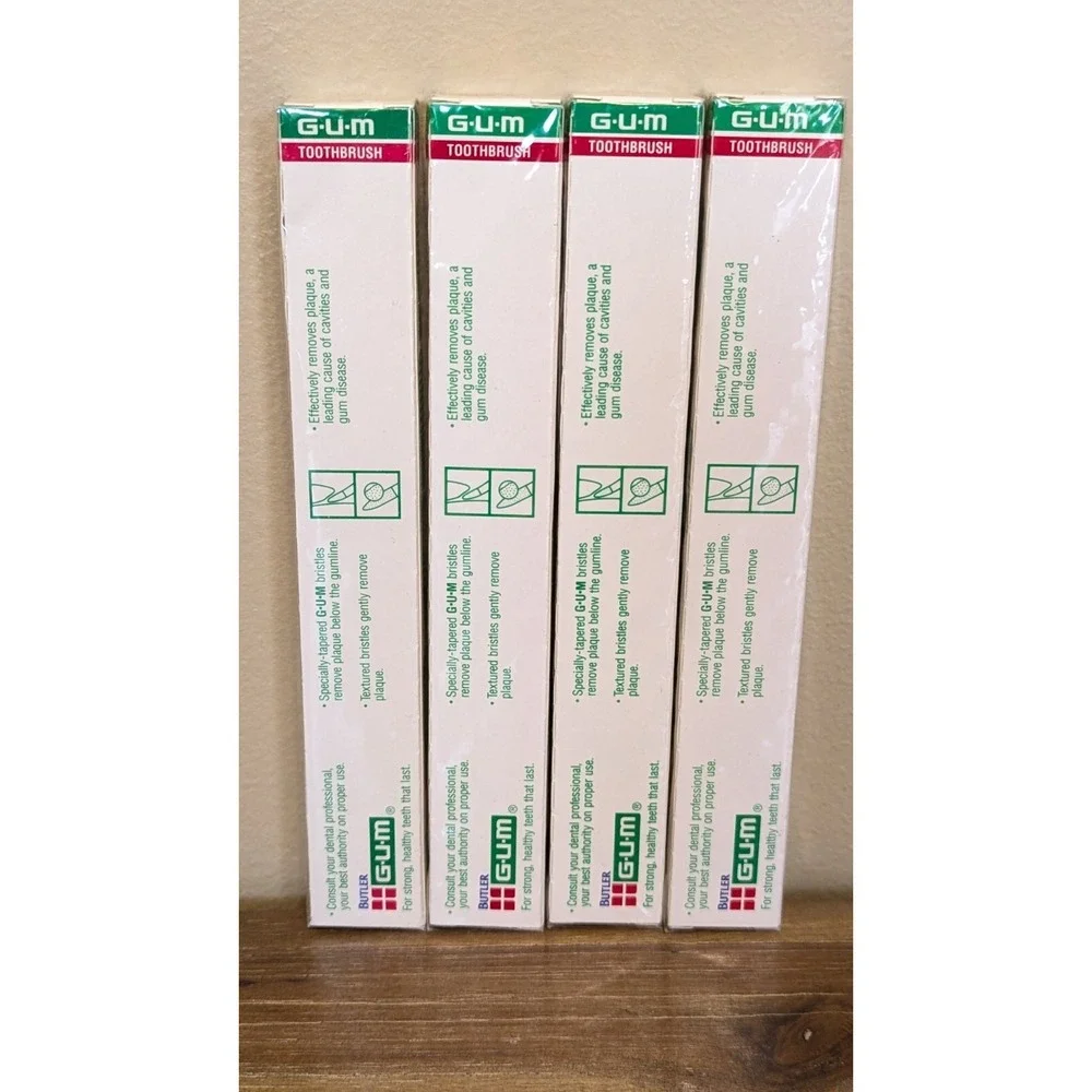 Vintage Butler GUM Toothbrushes 411 P Adult Size NOS Sealed (Lot Of 4) Red Blue